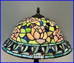 Tiffany Style Stained Glass Table Lamp Rosebush Floral Leaded Jeweled Shade 19