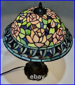 Tiffany Style Stained Glass Table Lamp Rosebush Floral Leaded Jeweled Shade 19