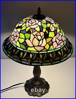 Tiffany Style Stained Glass Table Lamp Rosebush Floral Leaded Jeweled Shade 19