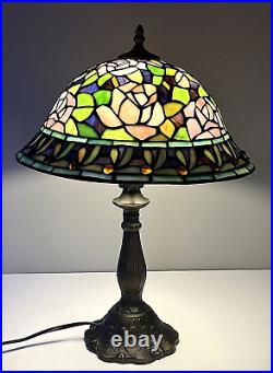 Tiffany Style Stained Glass Table Lamp Rosebush Floral Leaded Jeweled Shade 19