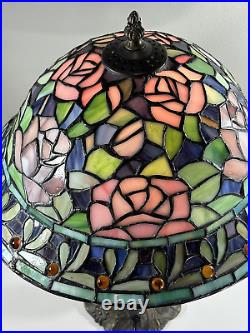 Tiffany Style Stained Glass Table Lamp Rosebush Floral Leaded Jeweled Shade 19