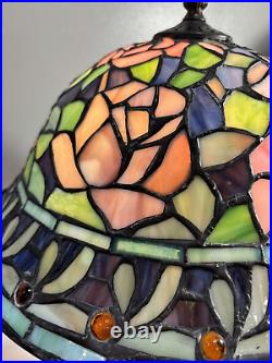 Tiffany Style Stained Glass Table Lamp Rosebush Floral Leaded Jeweled Shade 19