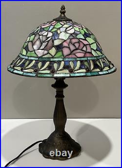 Tiffany Style Stained Glass Table Lamp Rosebush Floral Leaded Jeweled Shade 19