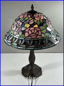 Tiffany Style Stained Glass Table Lamp Rosebush Floral Leaded Jeweled Shade 19