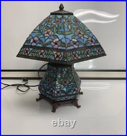 Tiffany Style Stained Glass Table Lamp With Flower TESTED WORK Fixed SEE PICS