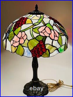 Tiffany Style Stained Slag Glass Table Lamp 25 Floral, Bird, Grapes