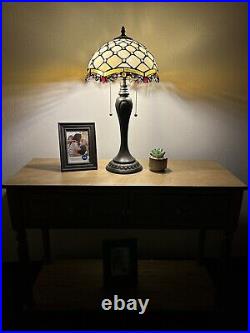 Tiffany Style Table Lamp Beige Stained Glass Crystal Bean LED Bulbs Include 22H
