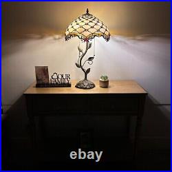 Tiffany Style Table Lamp Beige Stained Glass Crystal Beans LED Bulbs 24H14W