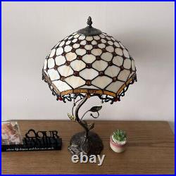 Tiffany Style Table Lamp Beige Stained Glass Crystal Beans LED Bulbs 24H14W