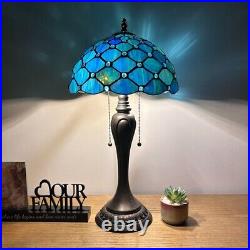 Tiffany Style Table Lamp Blue Green Stained Glass Crystal Bean LED Bulbs 22H
