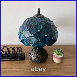 Tiffany Style Table Lamp Blue Green Stained Glass Crystal Beans LED Bulb 14H