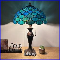 Tiffany Style Table Lamp Blue Green Stained Glass Crystal Beans LED Bulbs 24H