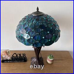 Tiffany Style Table Lamp Blue Green Stained Glass Crystal Beans LED Bulbs 24H