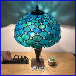 Tiffany Style Table Lamp Blue Green Stained Glass Crystal Beans LED Bulbs 24H