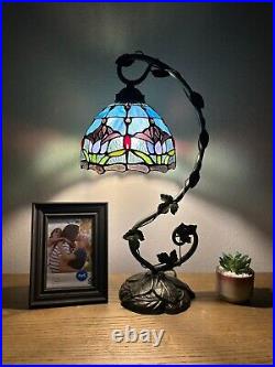 Tiffany Style Table Lamp Blue Purple Stained Glass Tulips LED Bulb Included 21H