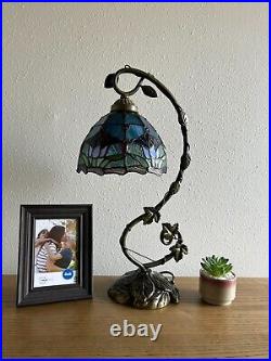 Tiffany Style Table Lamp Blue Purple Stained Glass Tulips LED Bulb Included 21H