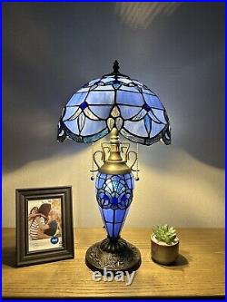 Tiffany Style Table Lamp Blue Stained Glass Baroque Style LED Bulbs Include 22H