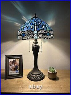 Tiffany Style Table Lamp Blue Stained Glass Dragonfly LED Bulbs Included H22