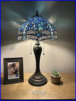 Tiffany Style Table Lamp Blue Stained Glass Dragonfly LED Bulbs Included H22