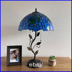 Tiffany Style Table Lamp Blue Stained Glass Green Leaves LED Bulbs H24W14