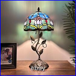 Tiffany Style Table Lamp Blue Stained Glass Purple Tulips LED Bulb Include 20H