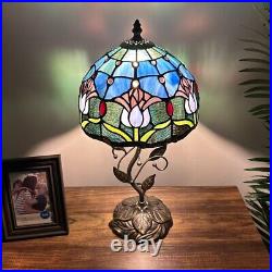 Tiffany Style Table Lamp Blue Stained Glass Purple Tulips LED Bulb Include 20H