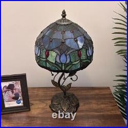 Tiffany Style Table Lamp Blue Stained Glass Purple Tulips LED Bulb Include 20H