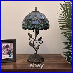 Tiffany Style Table Lamp Blue Stained Glass Purple Tulips LED Bulb Include 20H