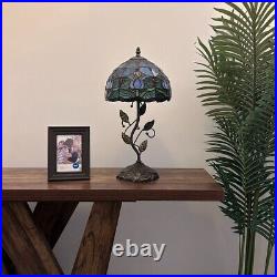 Tiffany Style Table Lamp Blue Stained Glass Purple Tulips LED Bulb Include 20H