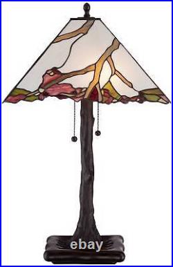 Tiffany Style Table Lamp Bronze Cherry Blossom Stained Glass for Living Room