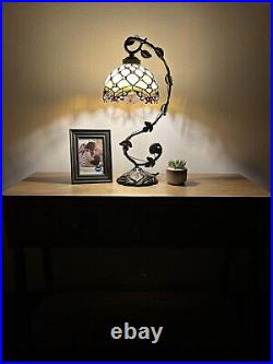 Tiffany Style Table Lamp Crystal Bean Beige Stained Glass LED Bulb Included H21