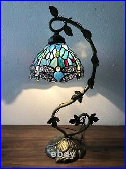 Tiffany Style Table Lamp Dragonfly Green Blue Stained Glass Antique Vintage 21H