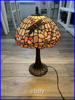 Tiffany Style Table Lamp Dragonfly Pink White Orange Stained Glass Vintage 18