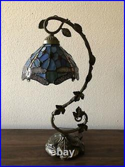 Tiffany Style Table Lamp Dragonfly Sky Blue Stained Glass Antique Vintage 20.5H