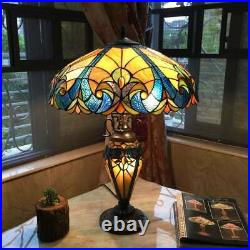 Tiffany Style Table Lamp Golden Blue Stained Glass Accent Reading Accent Lamp