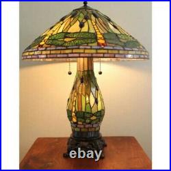 Tiffany Style Table Lamp Green Dragonfly Stained Glass Elegant Double Light 25H