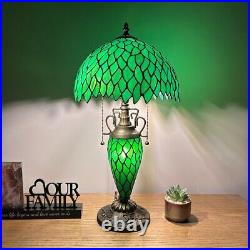 Tiffany Style Table Lamp Green Stained Glass Mother-Daughter Vase LED Bulbs H22