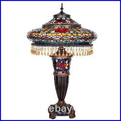 Tiffany Style Table Lamp Multicolor Stained Glass Lit Base with Beads & Cabochons