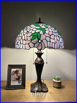 Tiffany Style Table Lamp Purple Stained Glass Green Leaves LED Bulbs 16'W24H