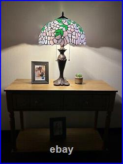 Tiffany Style Table Lamp Purple Stained Glass Green Leaves LED Bulbs 16'W24H