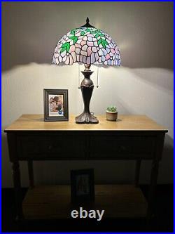 Tiffany Style Table Lamp Purple Stained Glass Green Leaves LED Bulbs 16'W24H