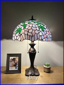 Tiffany Style Table Lamp Purple Stained Glass Green Leaves LED Bulbs 16'W24H