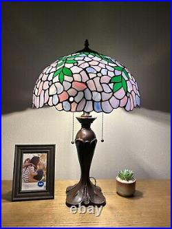 Tiffany Style Table Lamp Purple Stained Glass Green Leaves LED Bulbs 16'W24H