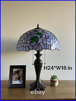 Tiffany Style Table Lamp Purple Stained Glass Green Leaves LED Bulbs 16'W24H