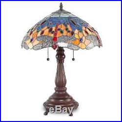 Tiffany Style Table Lamp Red Dragonfly Blue Stained Glass Copper Base 24 High