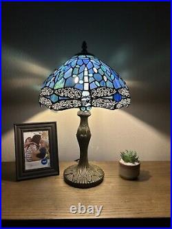 Tiffany Style Table Lamp Sea Blue Stained Glass Dragonfly Vintage H19W12
