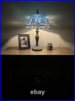 Tiffany Style Table Lamp Sea Blue Stained Glass Dragonfly Vintage H19W12