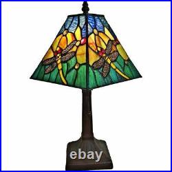 Tiffany Style Table Lamp Small Square Dragonfly Green Yellow Blue Stained Glass