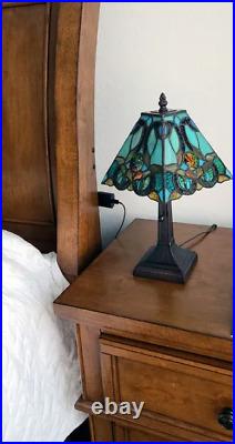 Tiffany Style Table Lamp Small Square Floral Mission Green Yellow Stained Glass