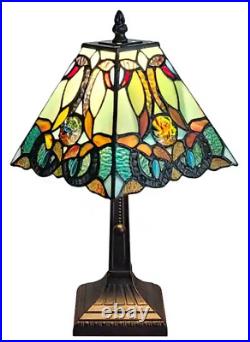 Tiffany Style Table Lamp Small Square Floral Mission Green Yellow Stained Glass